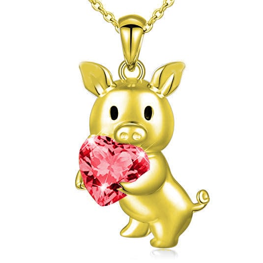 SALE! Pig with Red CZ Heart Necklace, Sterling Silver、mySite、g9winljtr