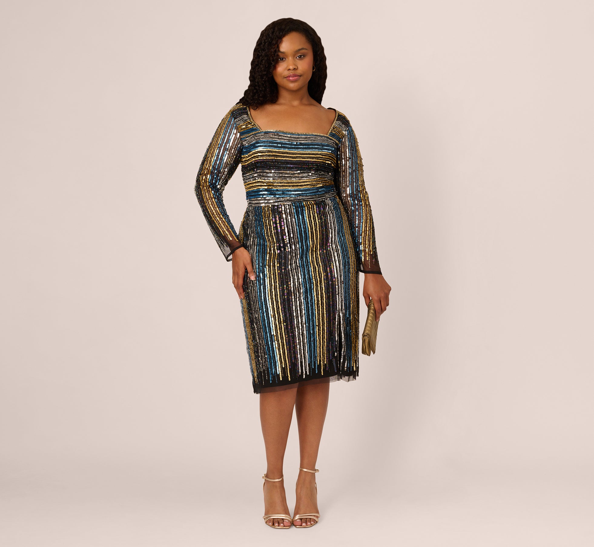 Plus Size Sequin Beaded Sheath Dress With Sheer Long Sleeves In Black Blue Multi、mySite、solidvoid