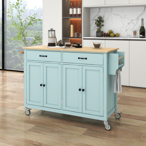 Kitchen Island Cart with Solid Wood Top and Locking Wheels,54.3 Inch Width,4 Door Cabinet and Two Drawers,Spice Rack, Towel Rack (White)、、casual
