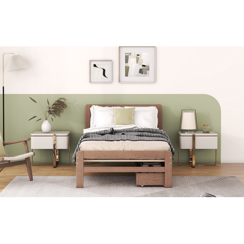 Modern Design Twin Size Platform Bed Frame with 2 Drawers for Walnut Color、、xpatfood