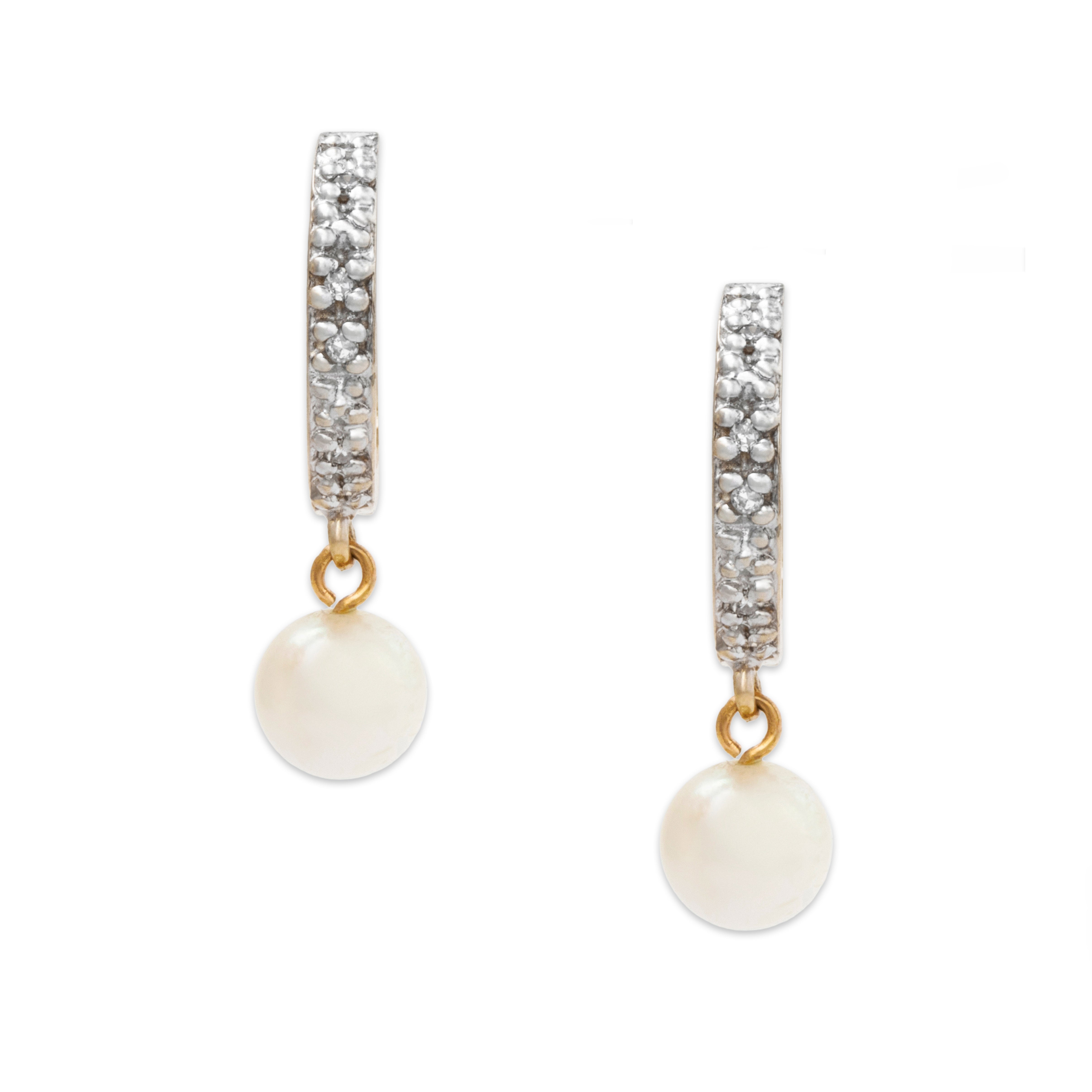 Vintage 14k Yellow Gold Diamond Pearl Lustrous Dangle Huggie Earrings、mySite、hinf8tx79