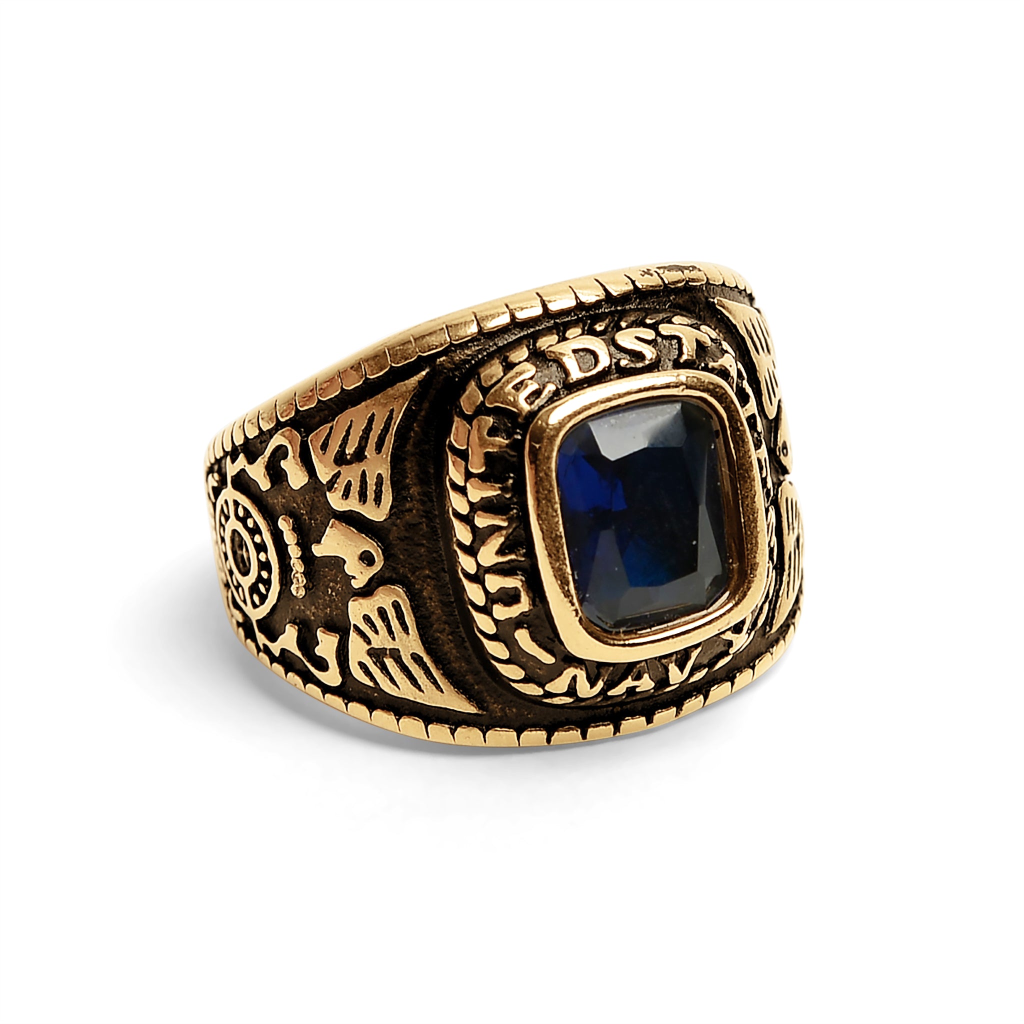 18K Gold PVD Stainless Steel United States Navy Blue Center Stone Ring / MCR6003、mySite、dreamappss