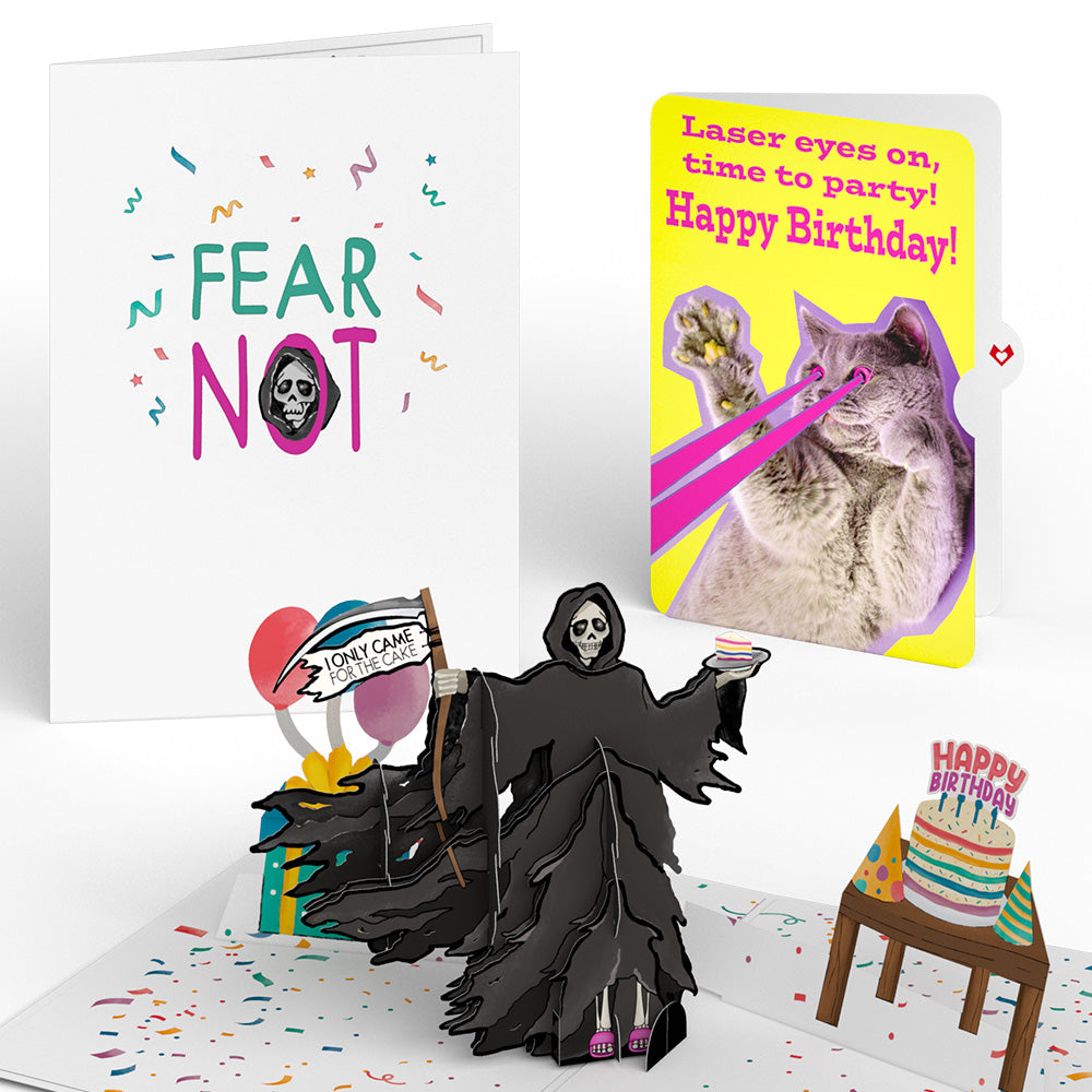 Grim Reaper Dark Humor Birthday with Cat Laser Eyes Pop-Up Card and Sentiment Set、mySite、solidvoid