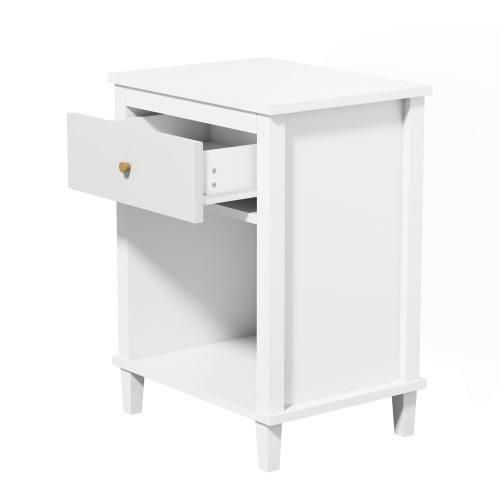 26.77''H Wooden Nightstand with One Drawer One Shelf for Kids, Adults, White+Golden handle、、casual