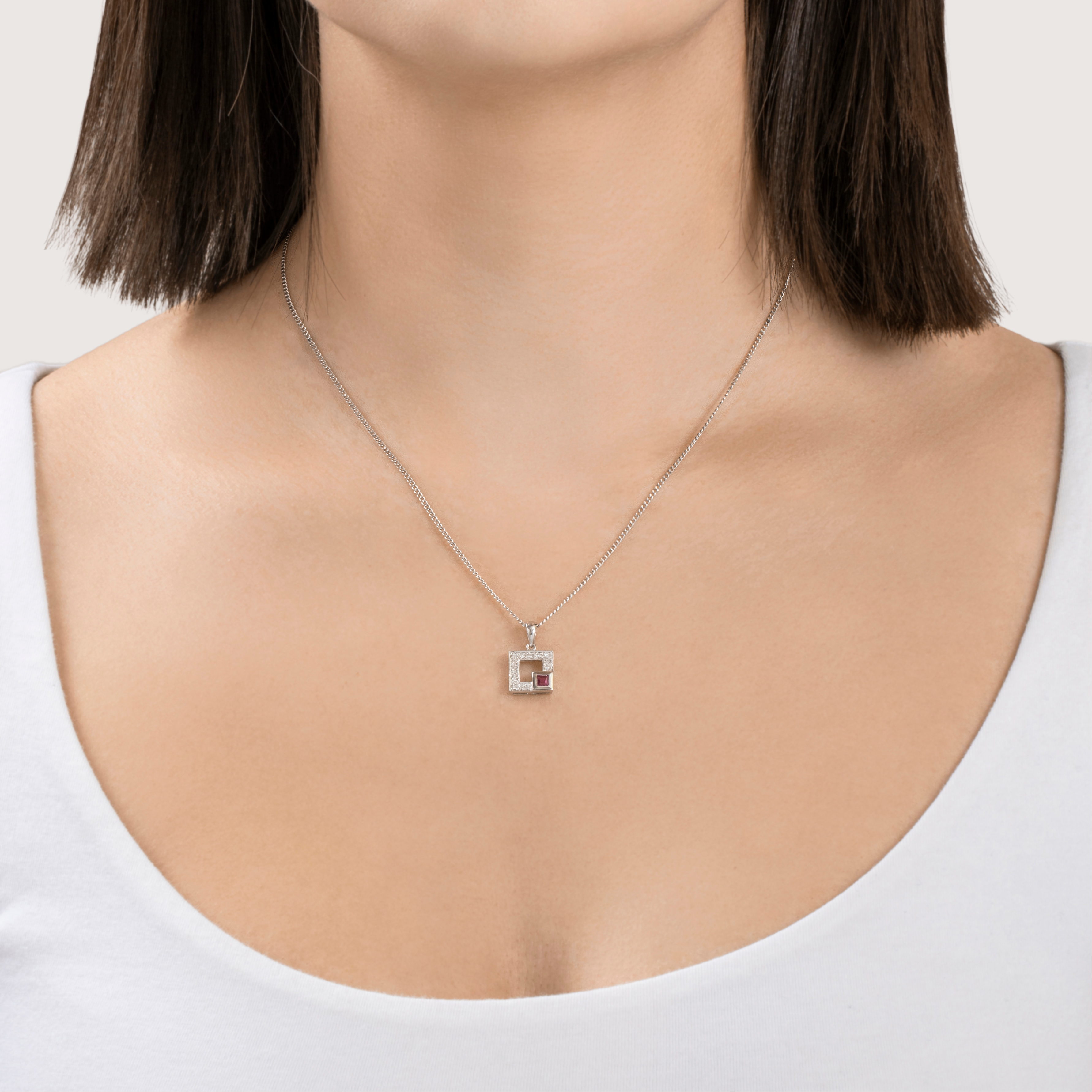 Vintage 14k White Gold Ruby Diamond Asymmetric Square Pendant、mySite、hinf8tx79