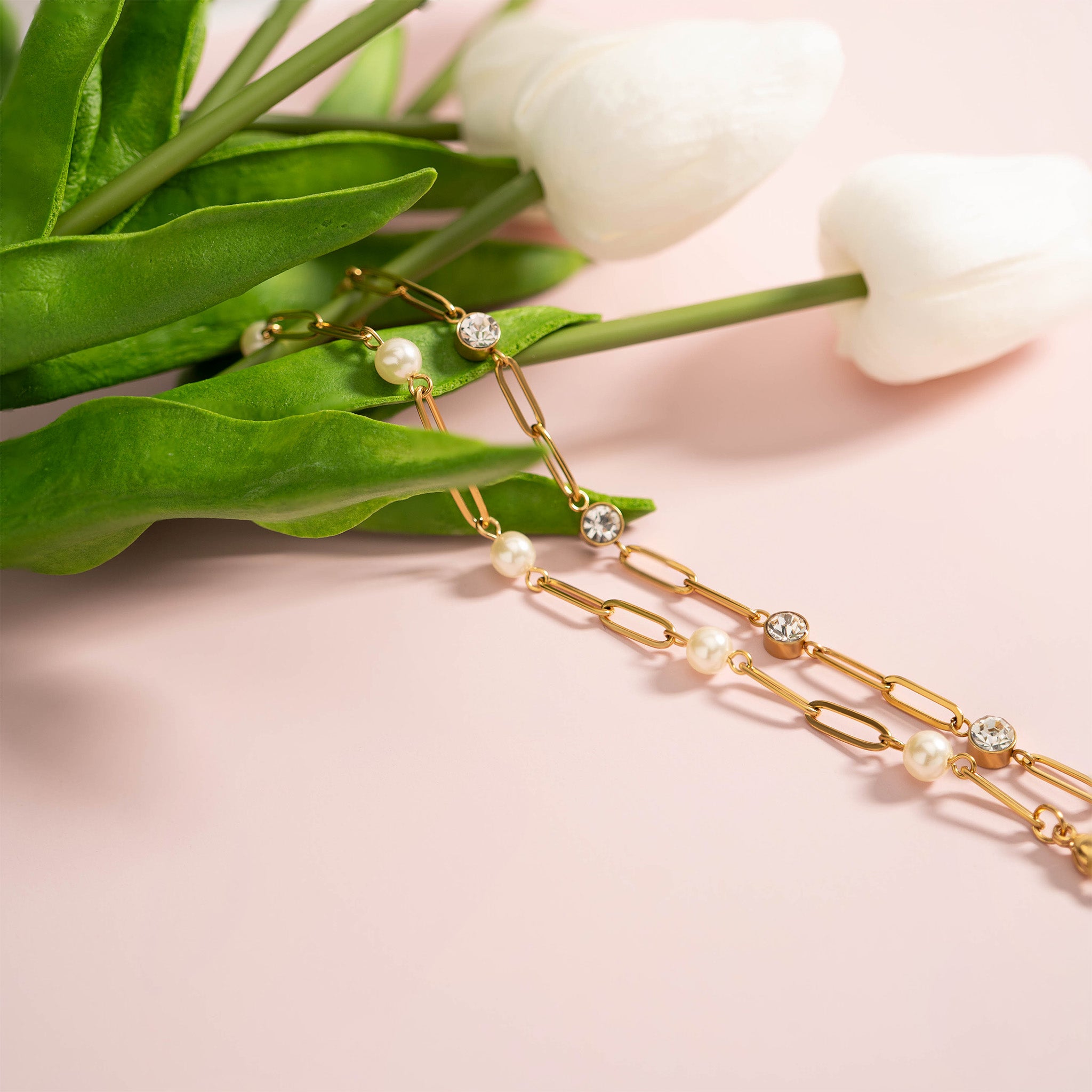 18K Gold PVD Stainless Steel Pearl Station Paperclip Chain Necklace / CHN0082、mySite、dreamappss