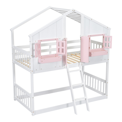 Twin over Twin House Bunk Bed with Roof , Window, Window Box, Door , with Safety Guardrails and Ladder,White、、casual