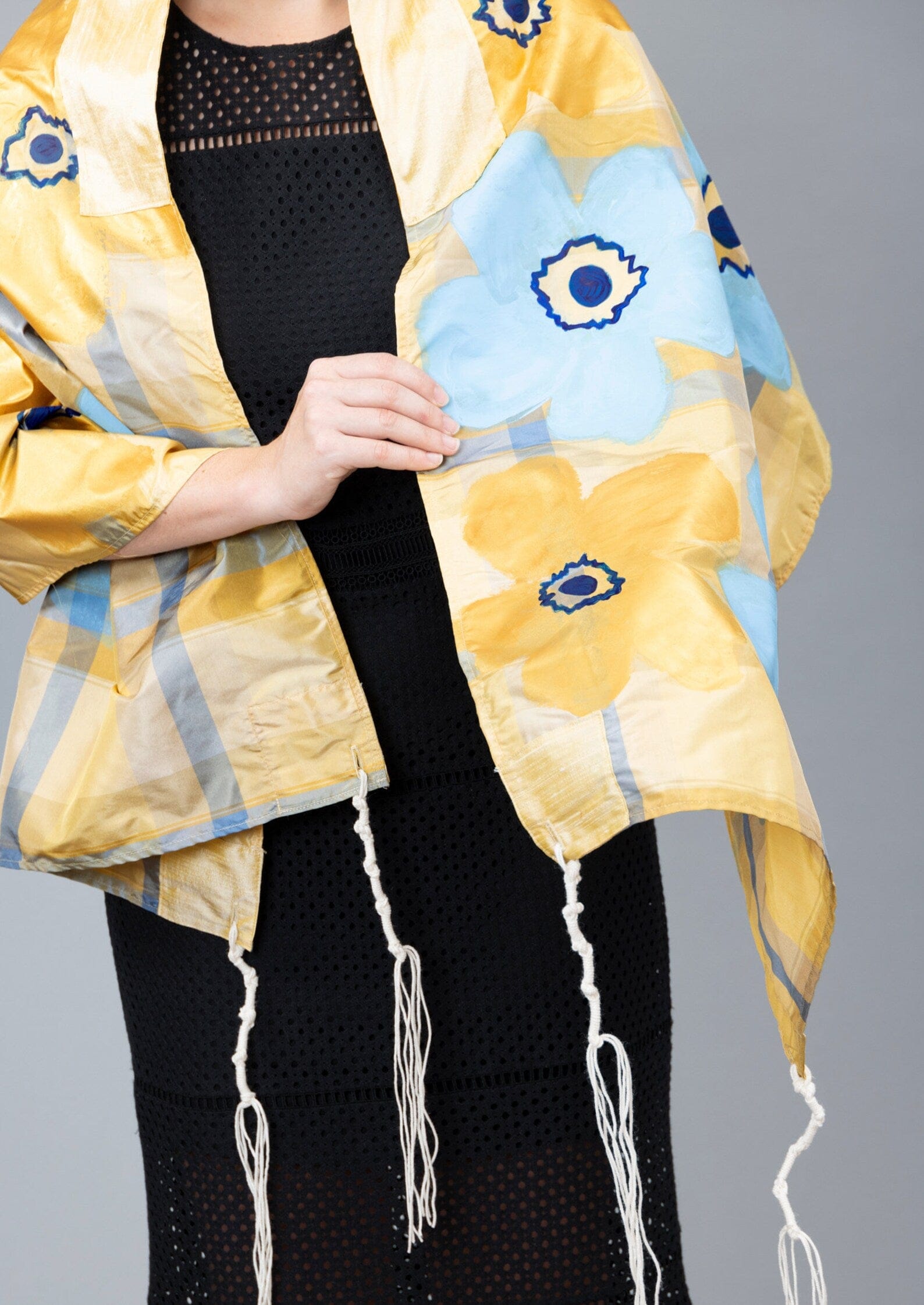 Blue and Gold Silk Plaid Tallit with Hand-Painted Flowers、mySite、topwebapps