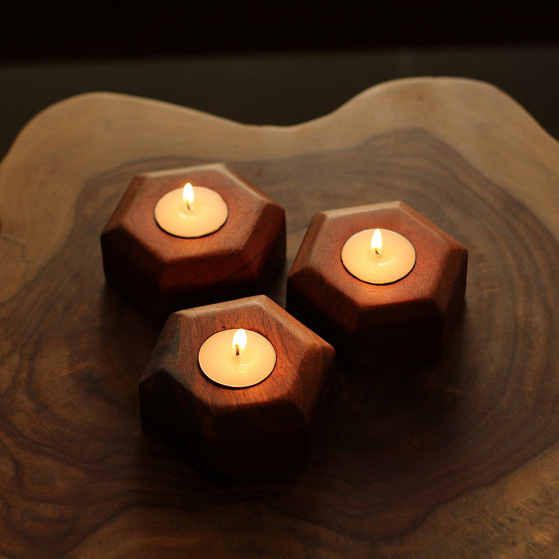 Acacia Wood Tea Light Candle Holders | Brown | Set of 3、mySite、camillekostekn
