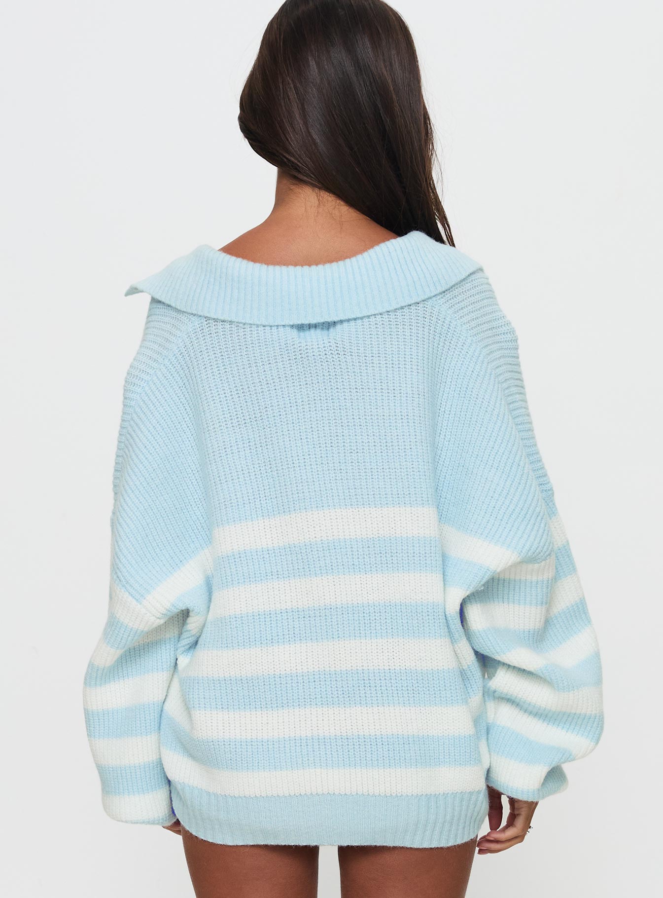 Carolena Long Sleeve Collared Knit Sweater Blue / White Stripe、mySite、solidvoid