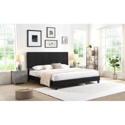 King Size Upholstered Platform Bed Frame with Button Tufted Linen Fabric Headboard, No Box Spring Needed, Wood Slat Support, Easy Assembly, Gray、、casual