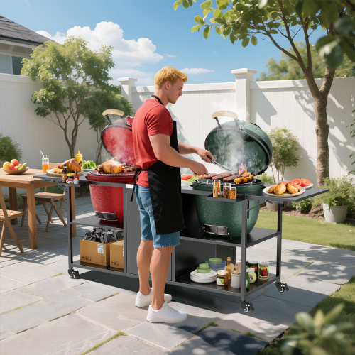 Outdoor Grill Table for Big Green Egg Style BBQ, Metal Grill Cart with Storage Box, Compatible with up to Large Green Egg, Kamado Joe Jr、、eastwooduniform