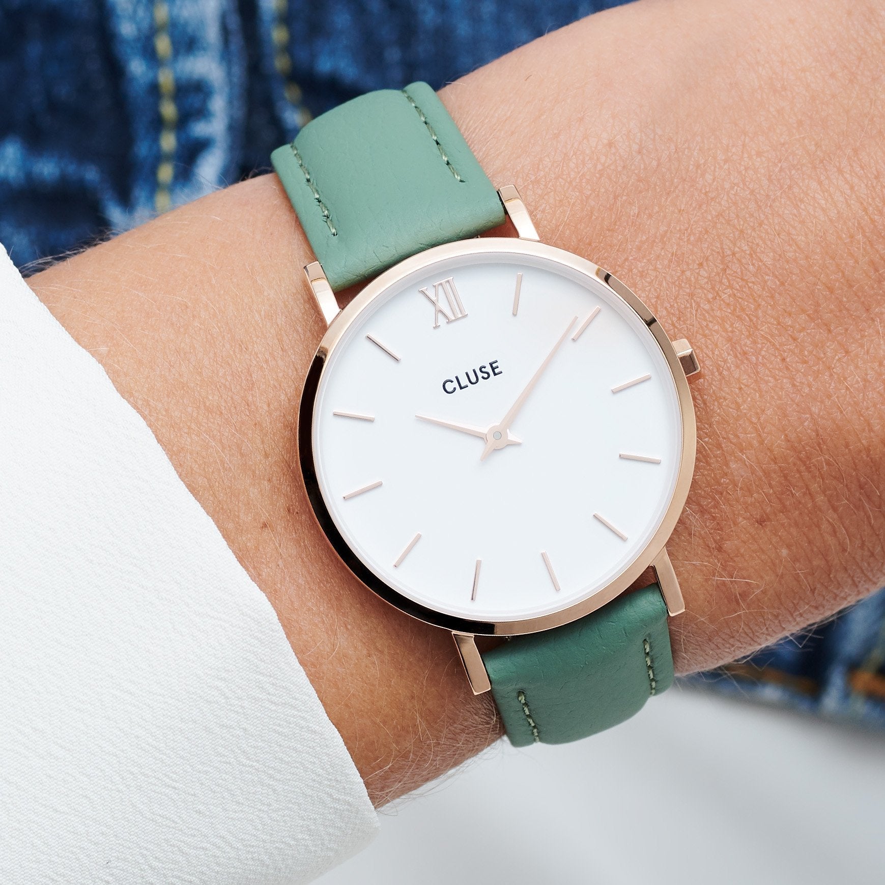  Strap 16 mm Leather Green, Rose Gold Colour