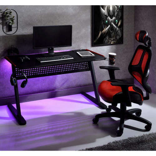 Black and Red Gaming Desk with LED Light and USB Port、、casual