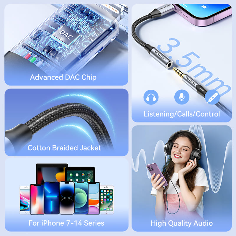 Vention Cotton Braided Lightning Male to 3.5MM Earphone Jack Adapter Aluminum Alloy Type、mySite、fannypackpong