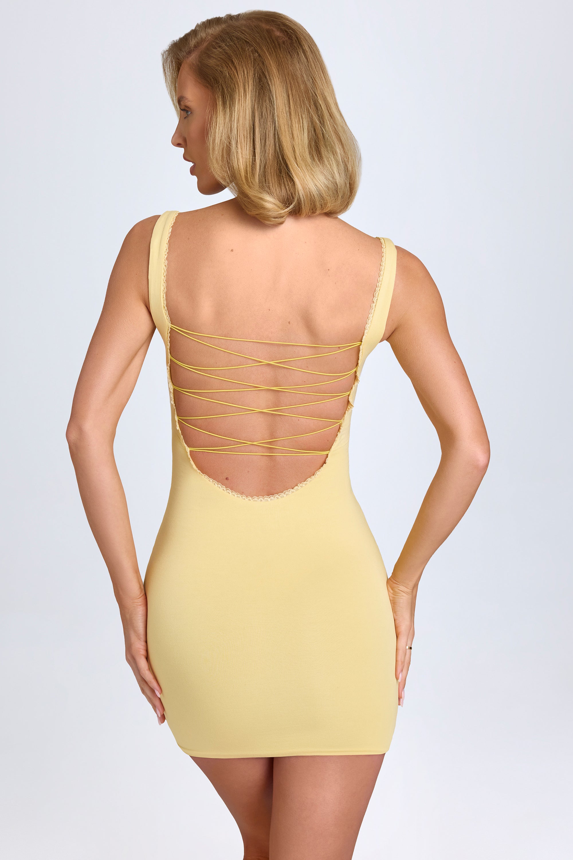 Modal Lace-Trim Bodycon Mini Dress in Pastel Yellow、mySite、solidvoid