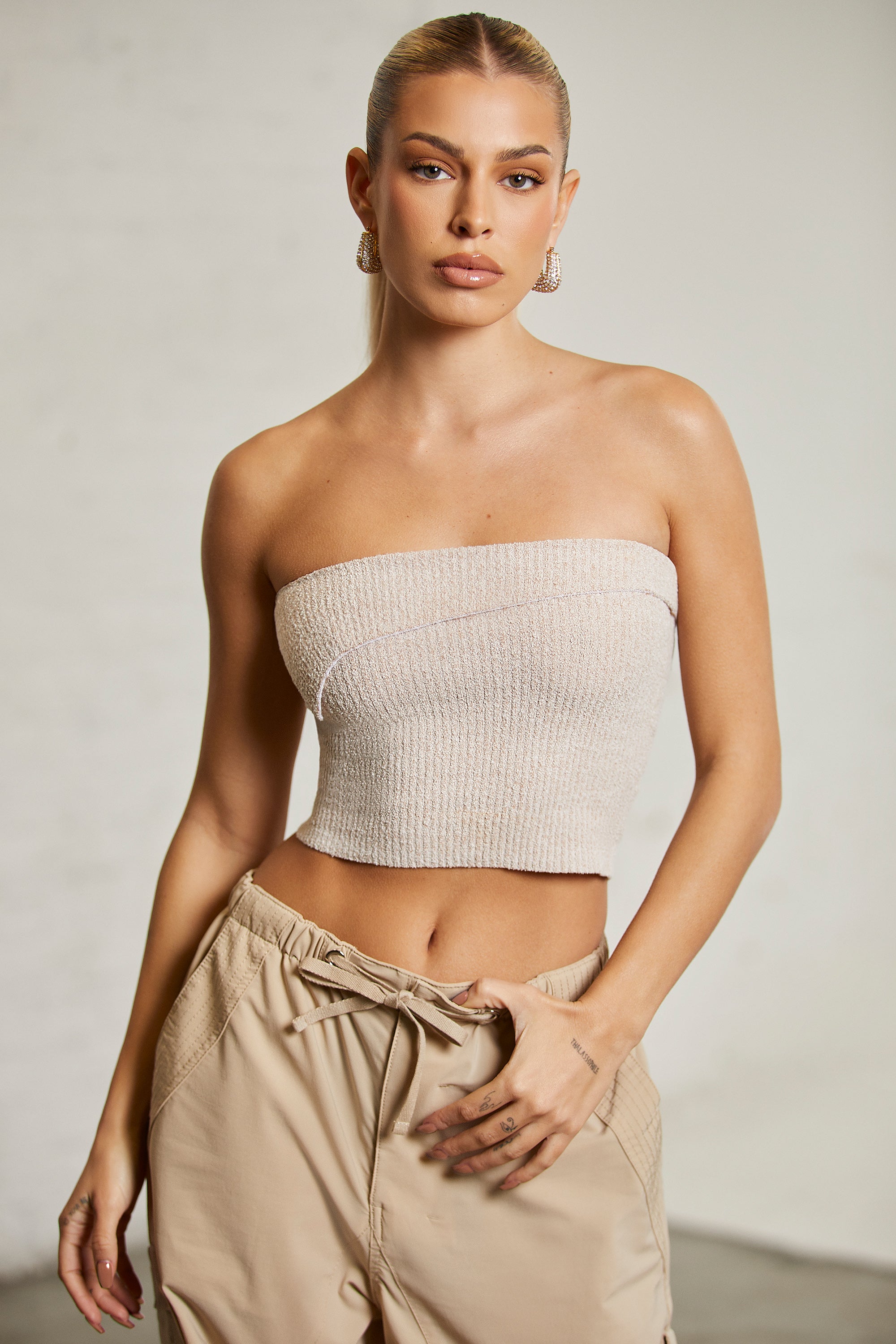 Overlap Bandeau Crop Top in Beige、mySite、solidvoid