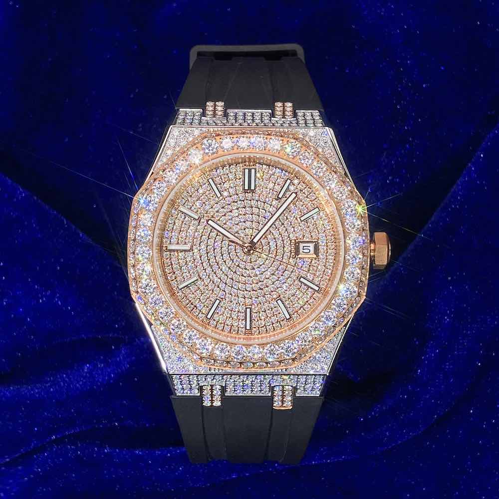 Moissanite Iced Out Silicone Band Watch | 13.5CT | 14K Rose Gold、mySite、hinf8tx79