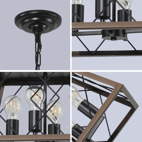 (Same as W1340111202/L1008) 16" Walnut Industrial 4-Light Pendant Chandelier, Modern Metal Cage Design, Adjustable Hanging Light for Dining Room, Kitchen, Living Room (No Bulbs)、、eastwooduniform