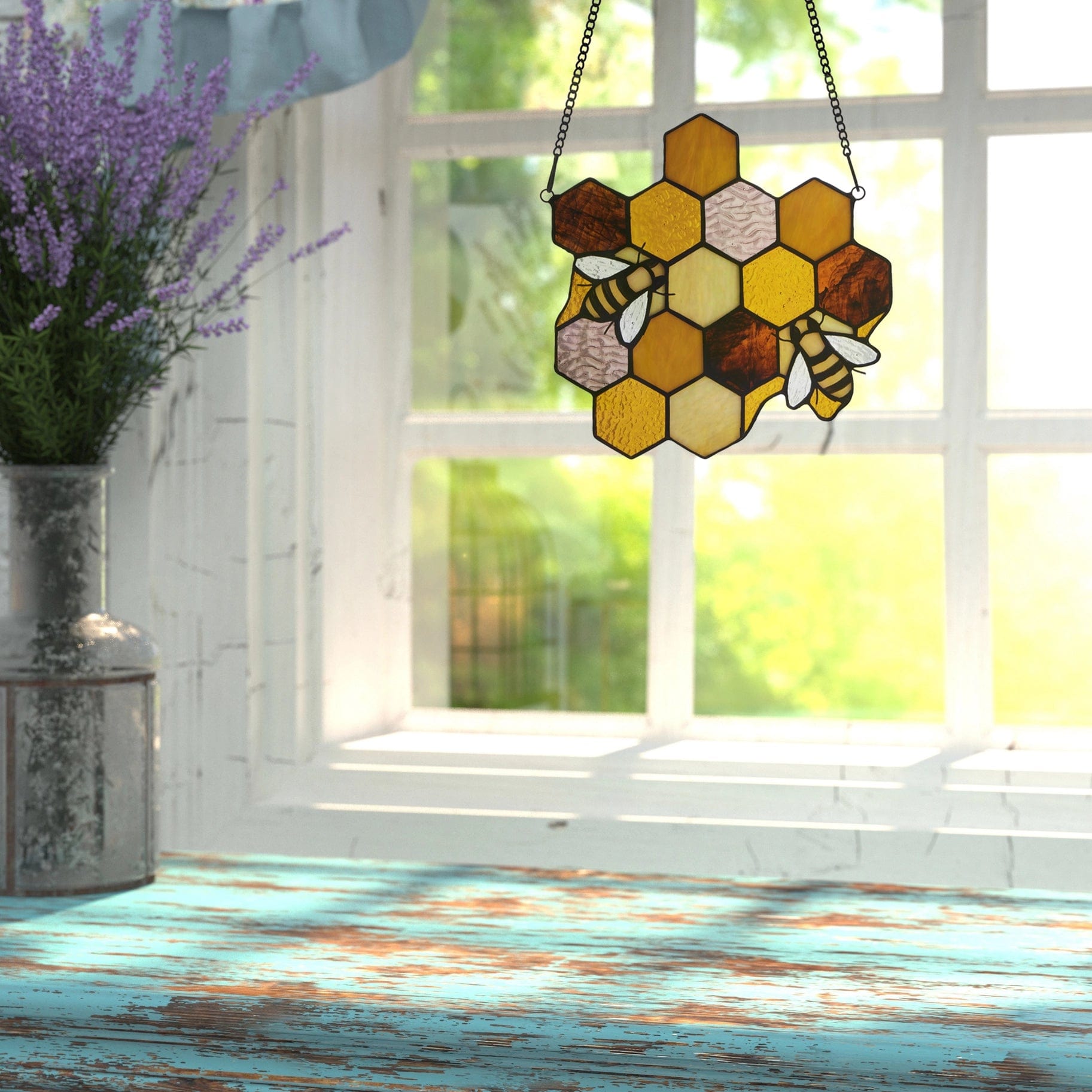 Honeycomb Bees Stained Glass Window Panel、mySite、g9winljtr