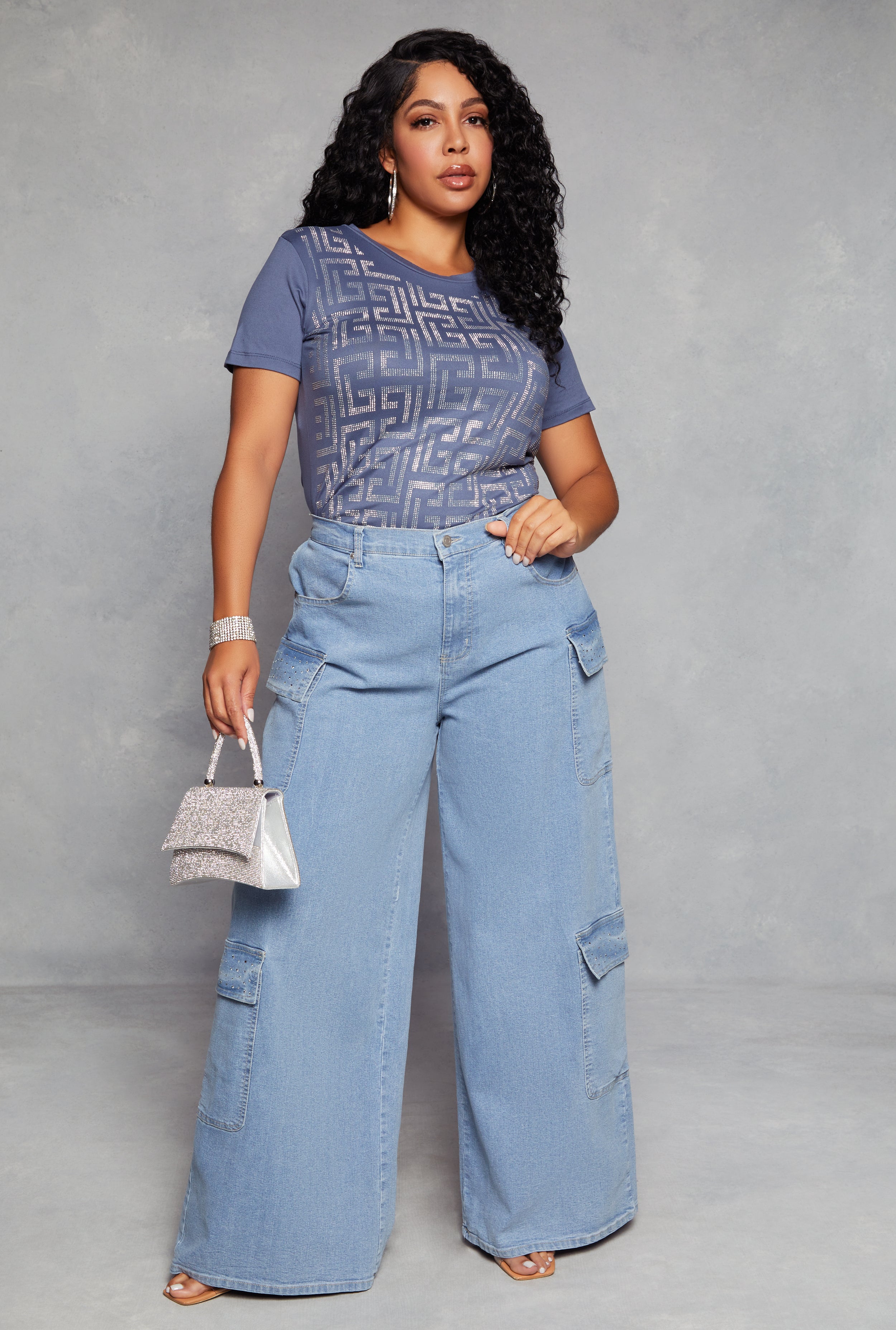Plus Size Almost Famous High Waist Wide Leg Cargo Jeans、mySite、camillekostekn