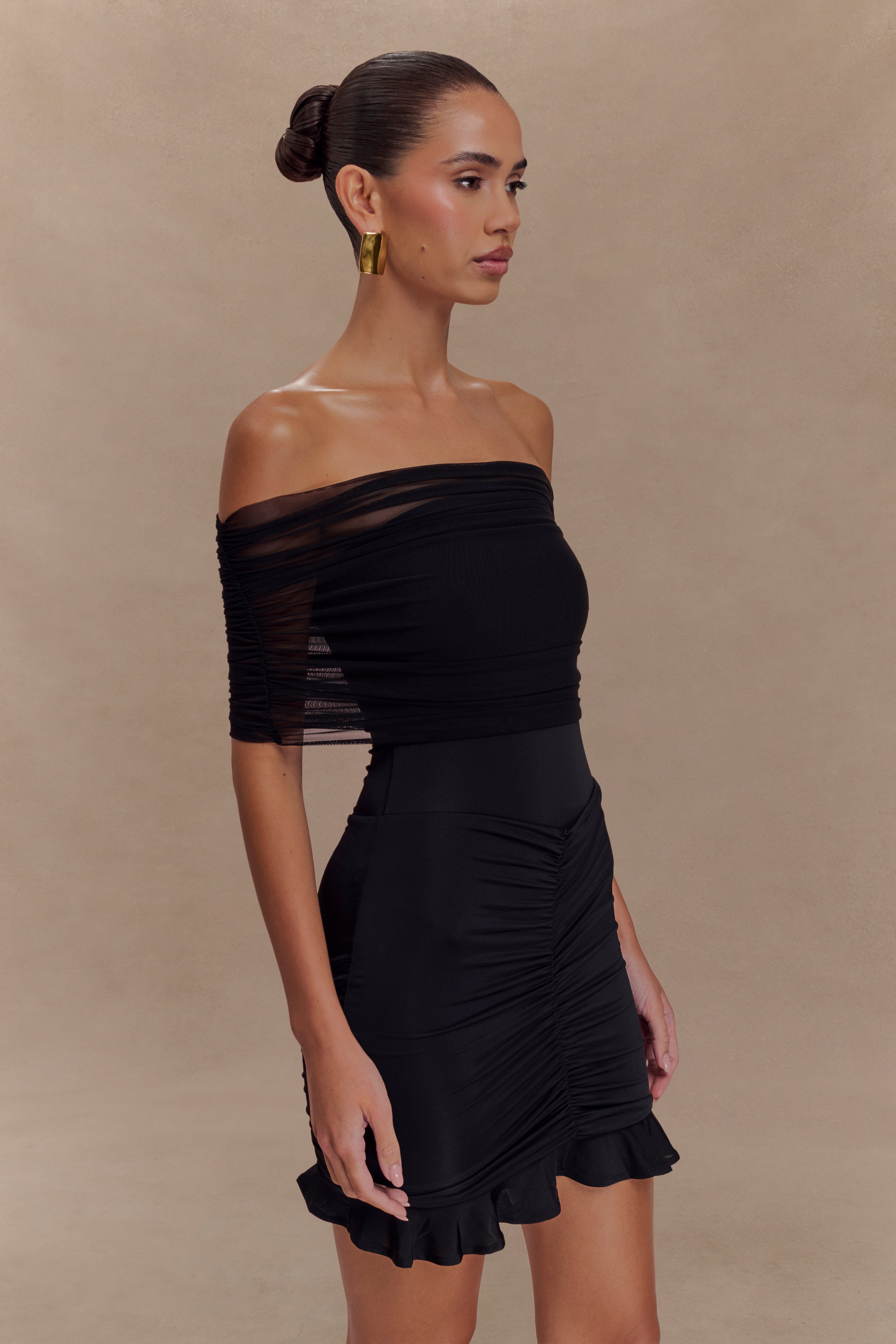 Caspian Slinky And Mesh Off Shoulder Mini Dress - Black、mySite、solidvoid