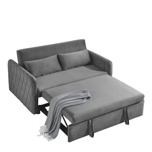 55" Modern Convertible Sofa Bed with 2 Detachable Arm Pockets, Velvet Loveseat Sofa with Pull Out Bed, 2 Pillows and Living Room Adjustable Backrest, Grid Design Armrests、、casual