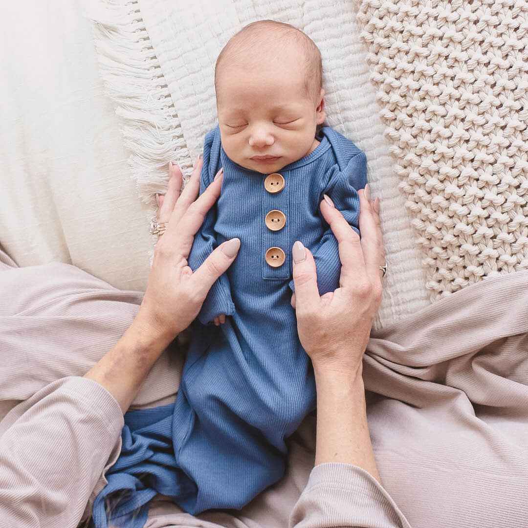  Steel Blue Ribbed Bamboo Baby Knot Gown & Hat、mySite、layawaytickets