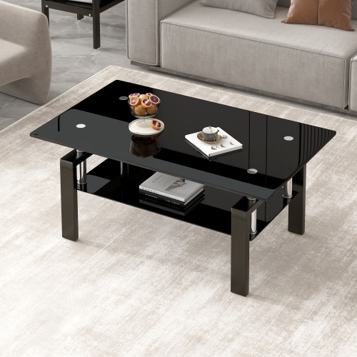 Tempered Black Glass Coffee Table, 2-Layers Tea Table、、casual