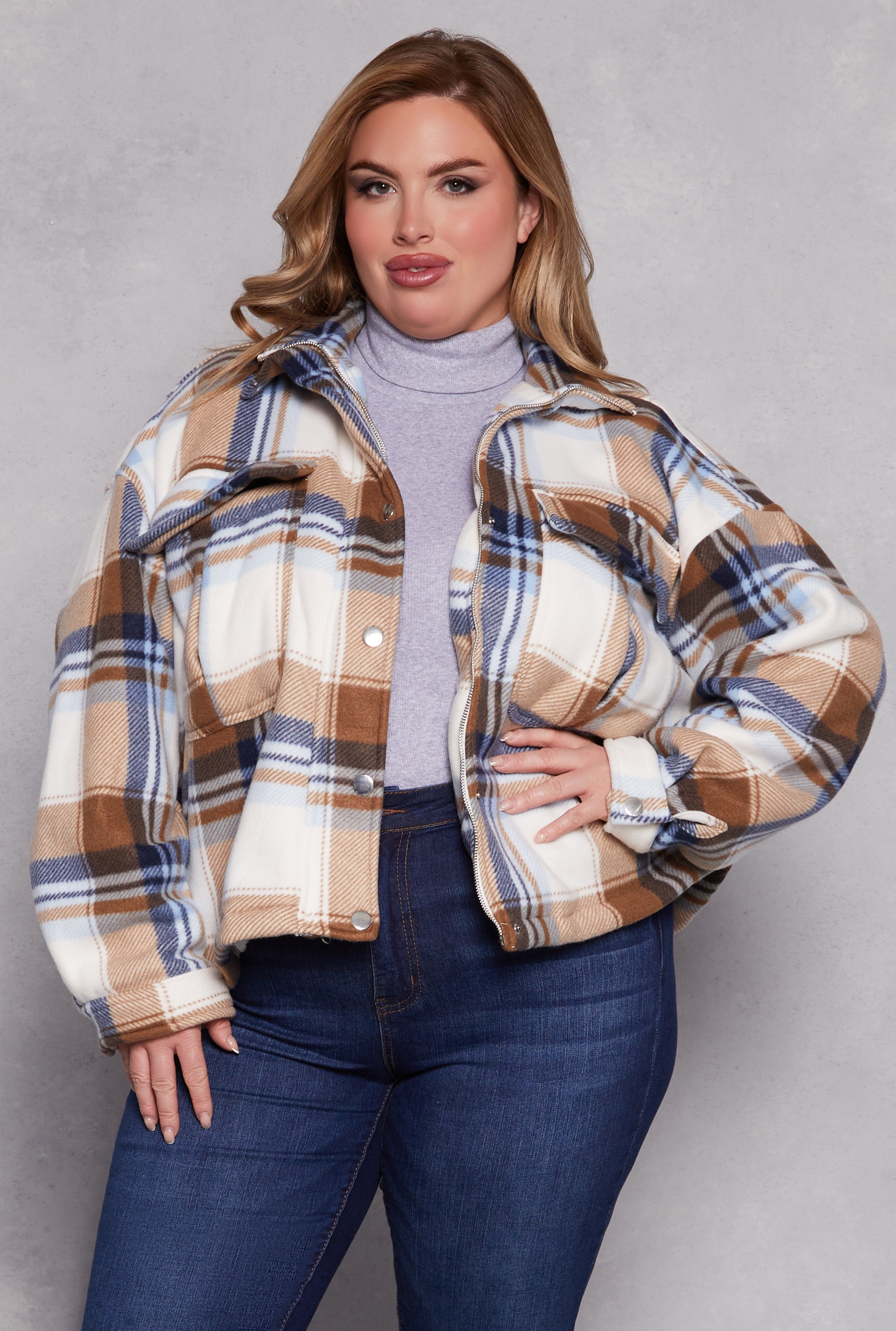Plus Size Plaid Snap Button Zip Front Shacket、mySite、camillekostekn