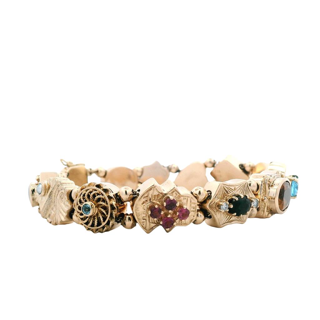  Estate 14K Yellow Gold Multi Gemstone & Diamond Link Bracelet