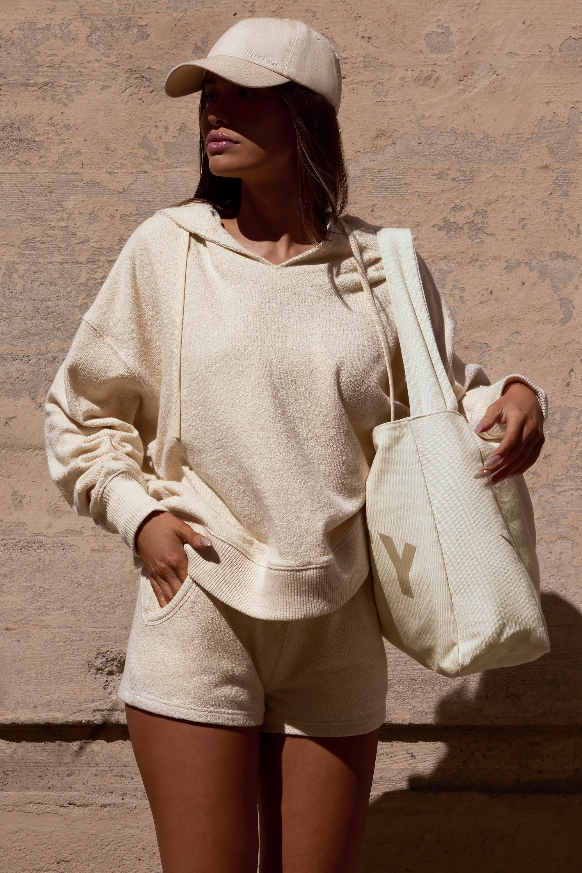 Terry Towelling V-Neck Hoodie in Cream、mySite、solidvoid