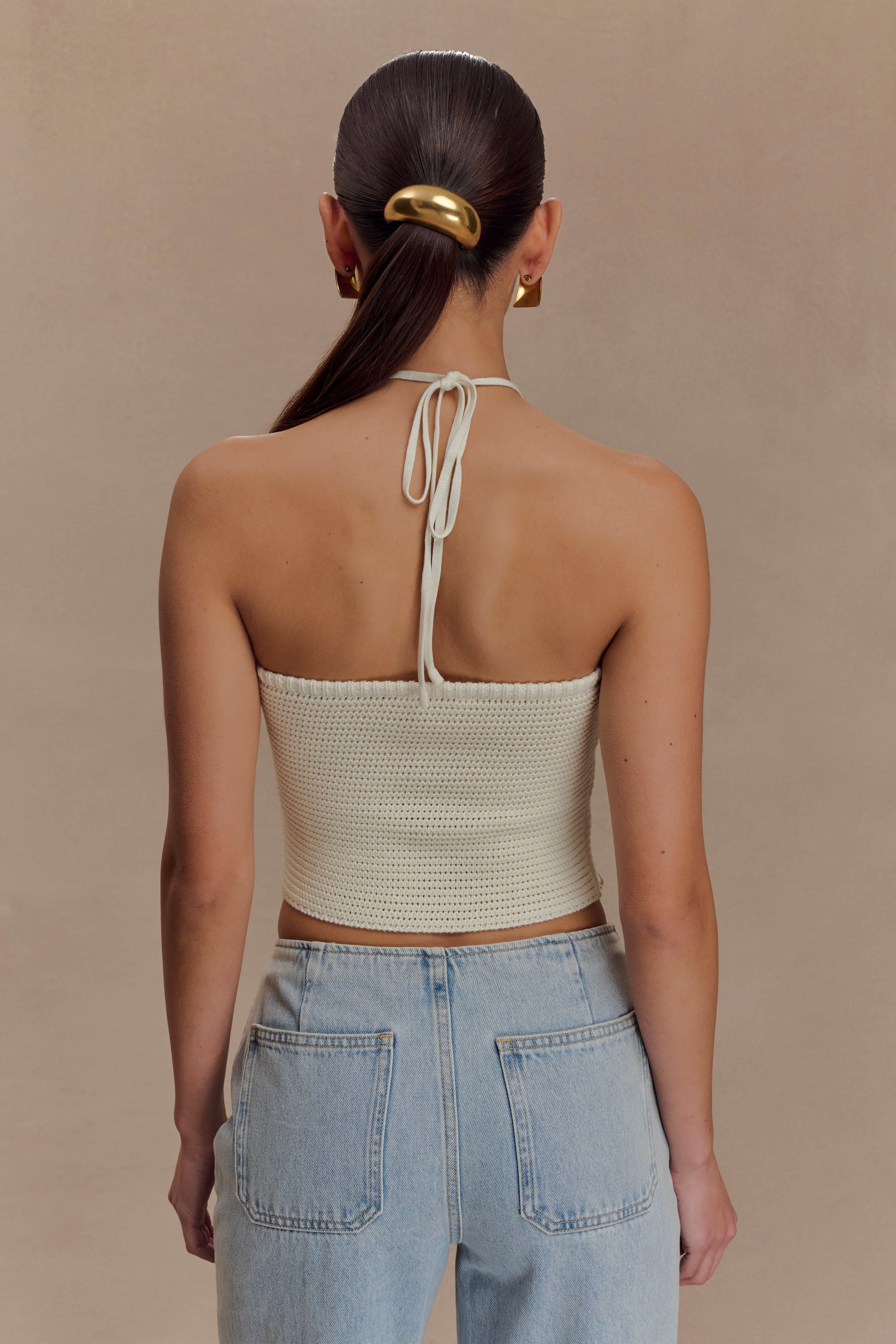 Aletta Knit Pearl Halter Top - Ivory、mySite、solidvoid