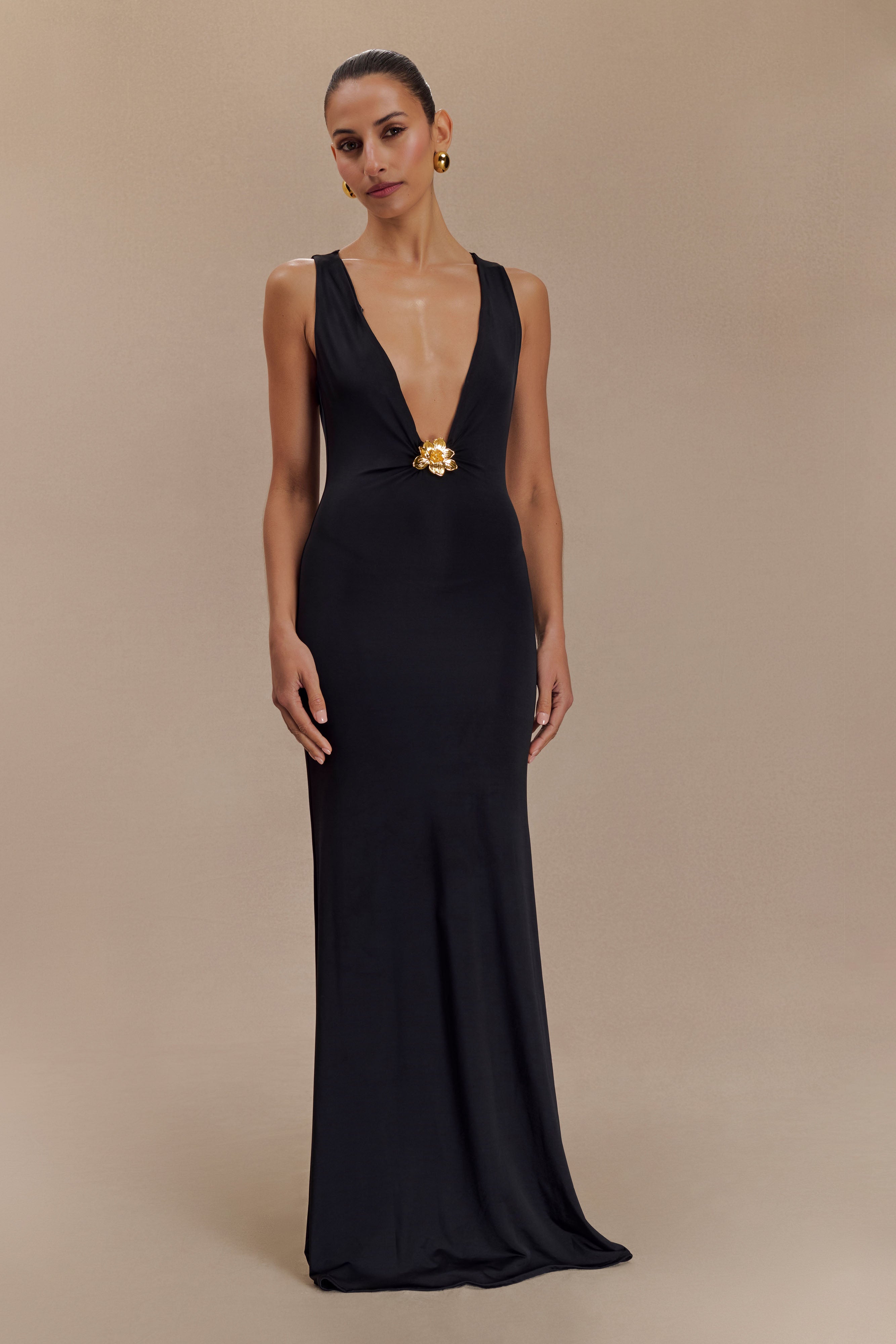Beck Plunge Maxi Dress With Floral Hardware - Black、mySite、solidvoid