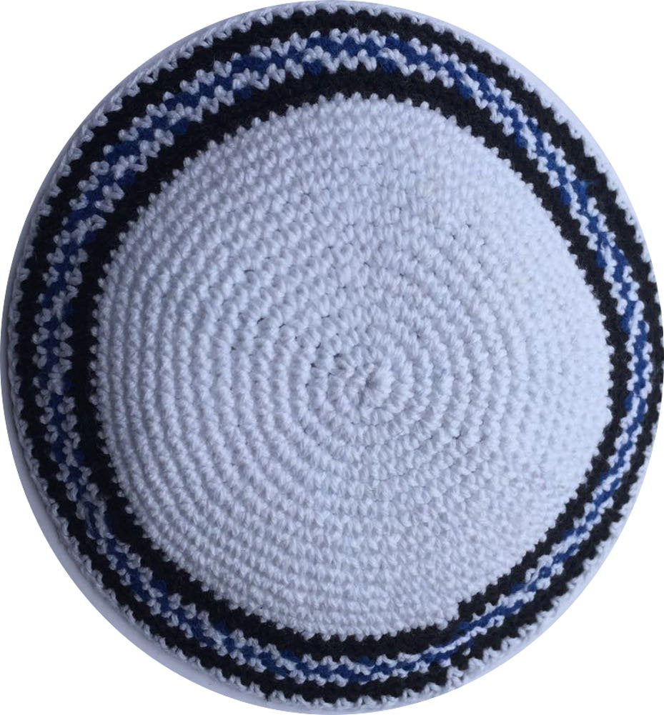  Holy Land Market White/Black and Royal Blue Lines 17cm DMC 100% Knitted Cotton Kippah Jewish、mySite、elrpsem3k