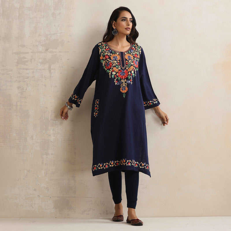 Woolen Kurta For Women | Floral Embroidered | Blue、mySite、camillekostekn