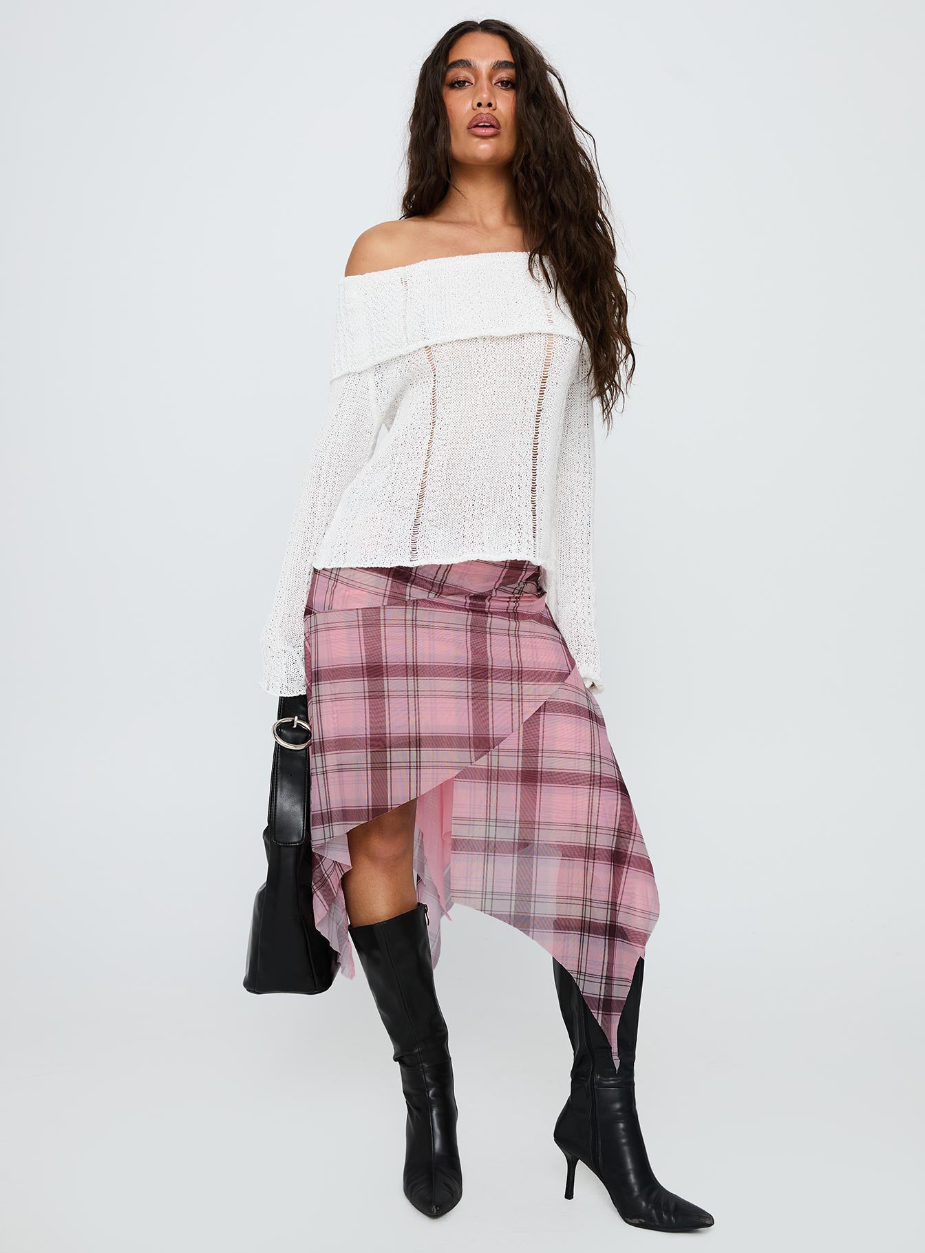 Anali Asymmetrical Midi Skirt Pink / Multi Check、mySite、solidvoid