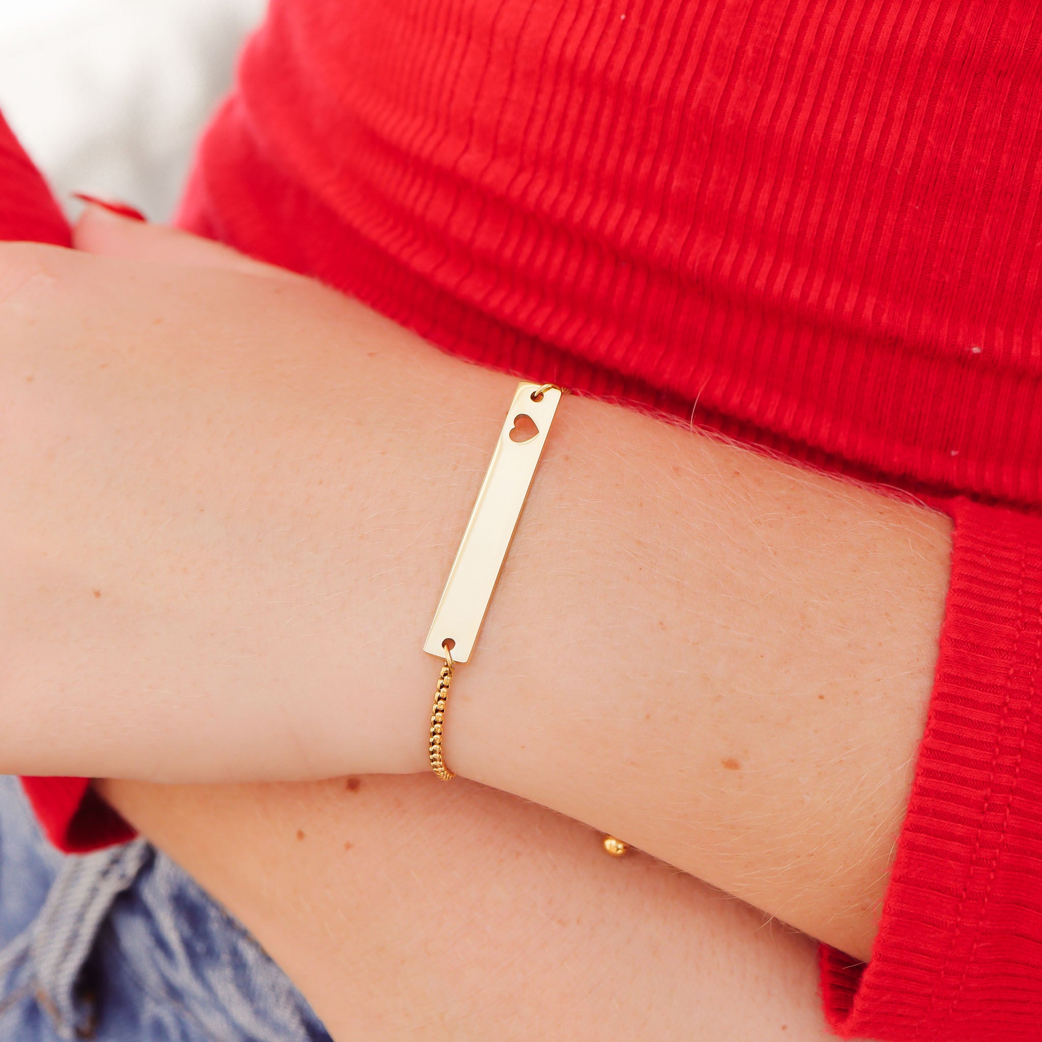 18K Gold PVD Stainless Steel Flat Adjustable Heart Cutout Blank Bar Bracelet / SBB0322、mySite、dreamappss