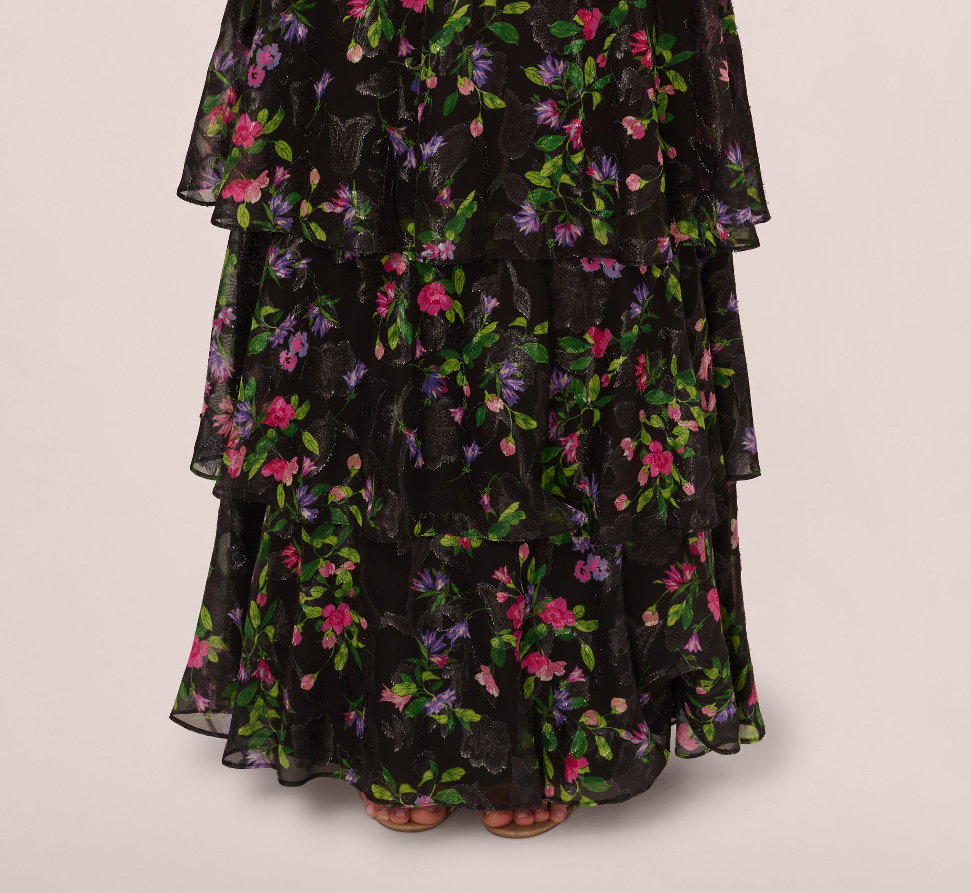 Floral Tiered Chiffon Gown With Flutter Sleeves In Black Multi、mySite、solidvoid