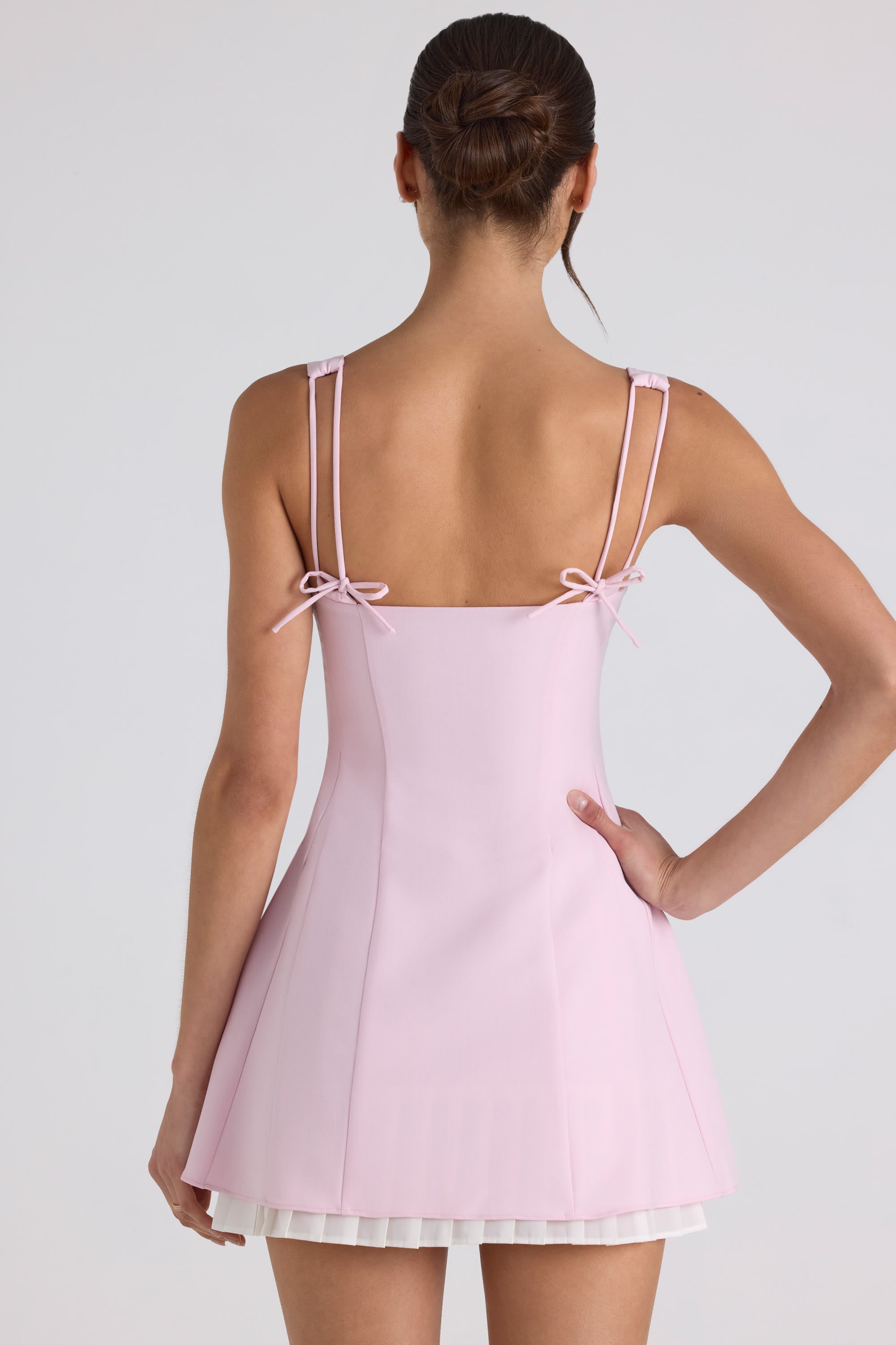 Bow-Detail Pleated A-Line Mini Dress in Soft Pink、mySite、solidvoid