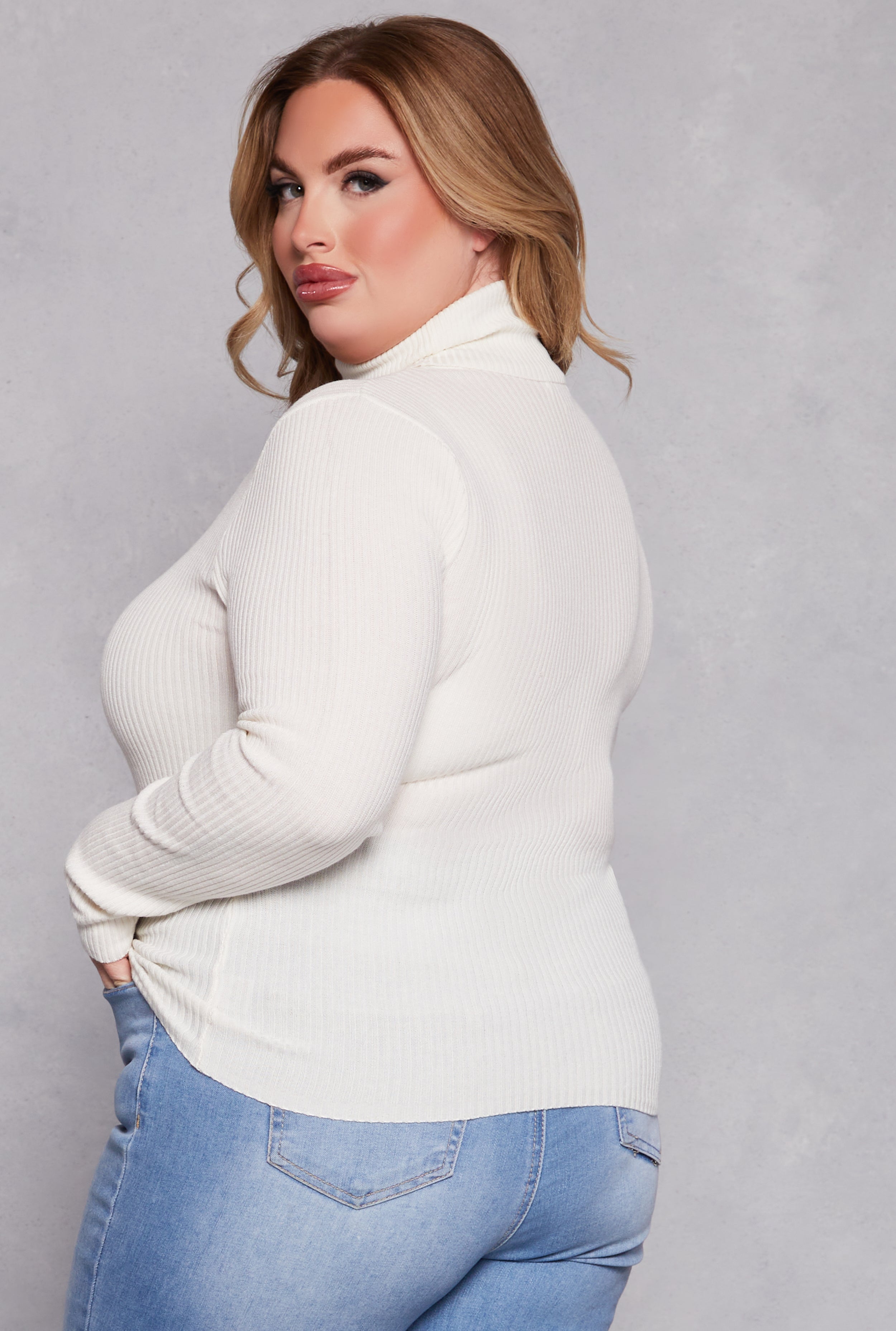 Plus Size Ribbed Knit Pullover Turtleneck Sweater、mySite、camillekostekn