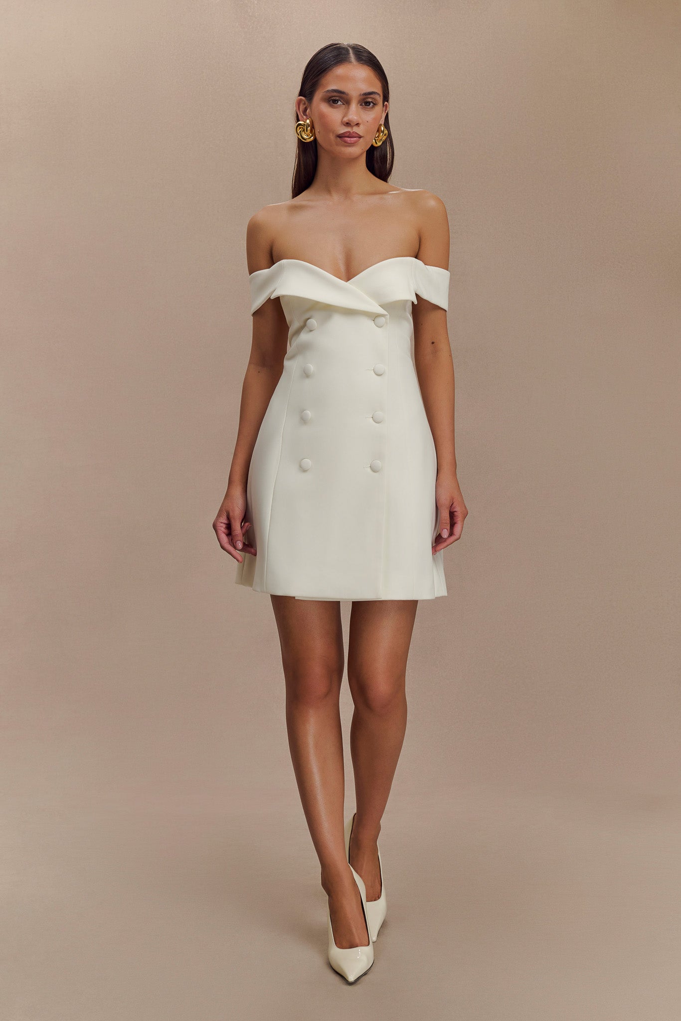 Noelle Off Shoulder Suiting Mini Dress - Ivory、mySite、solidvoid