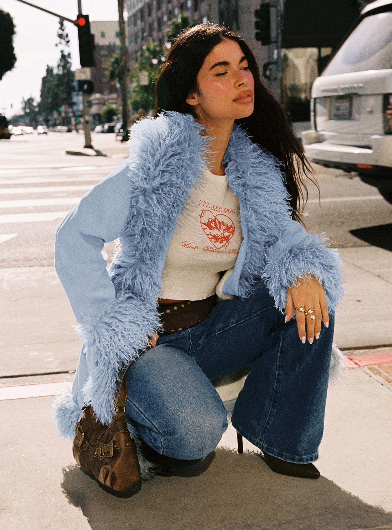 Josefina Faux Fur Detail Jacket Blue、mySite、solidvoid