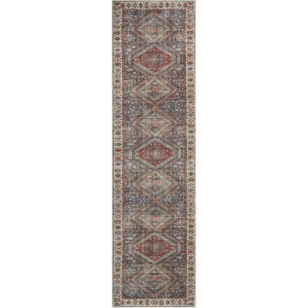 Ripon Machine Washable Vintage Medallion Botanical Border Blue Red Flat-Weave Distressed Rug、mySite、gigharbornorthrealestate