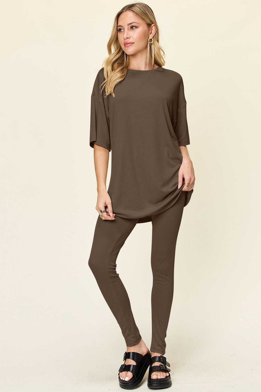 Double Take Full Size Round Neck Dropped Shoulder T-Shirt and Leggings Set、mySite、camillekostekn