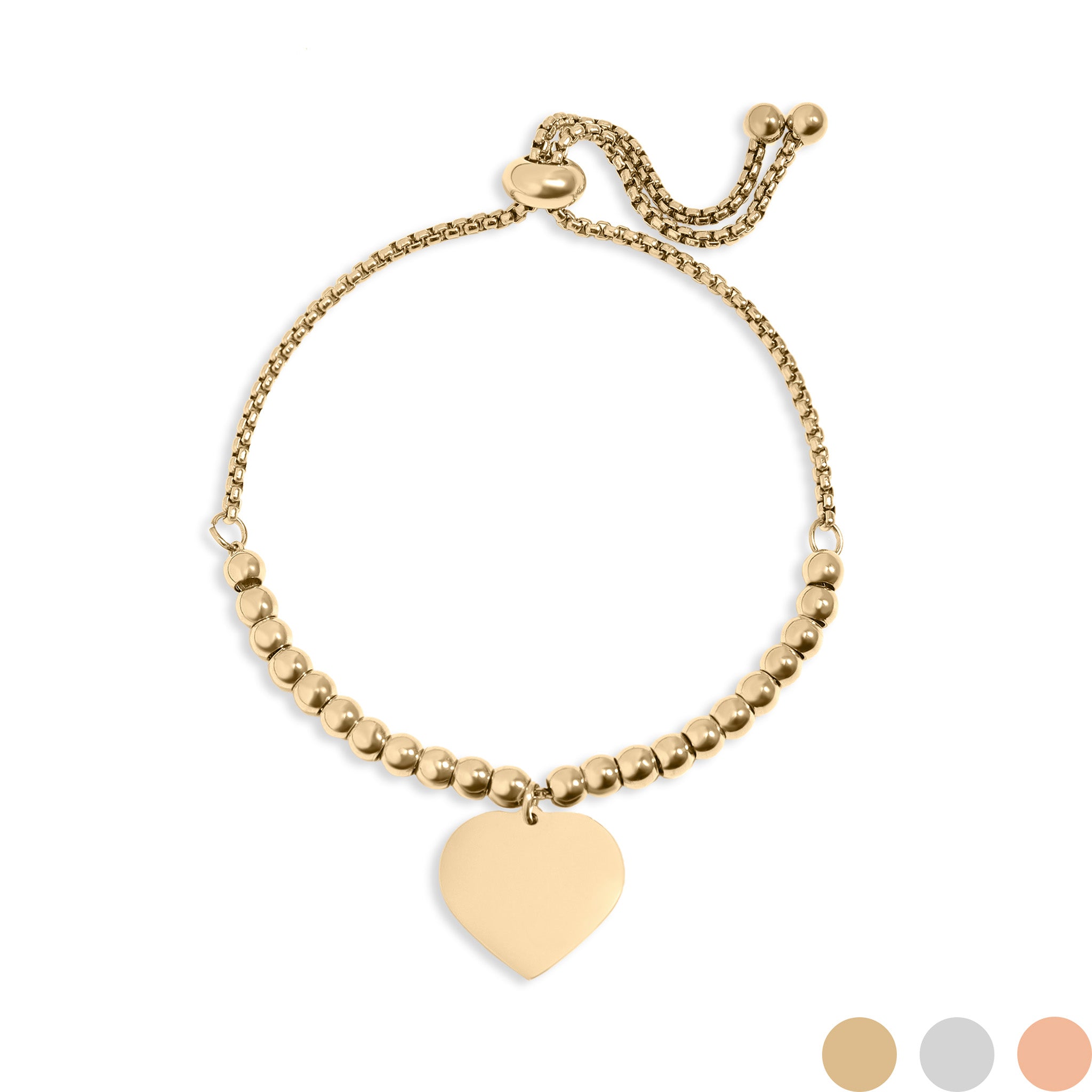 18K Gold PVD Stainless Steel Adjustable Engravable Heart Beaded Bracelet / SBB0276、mySite、dreamappss