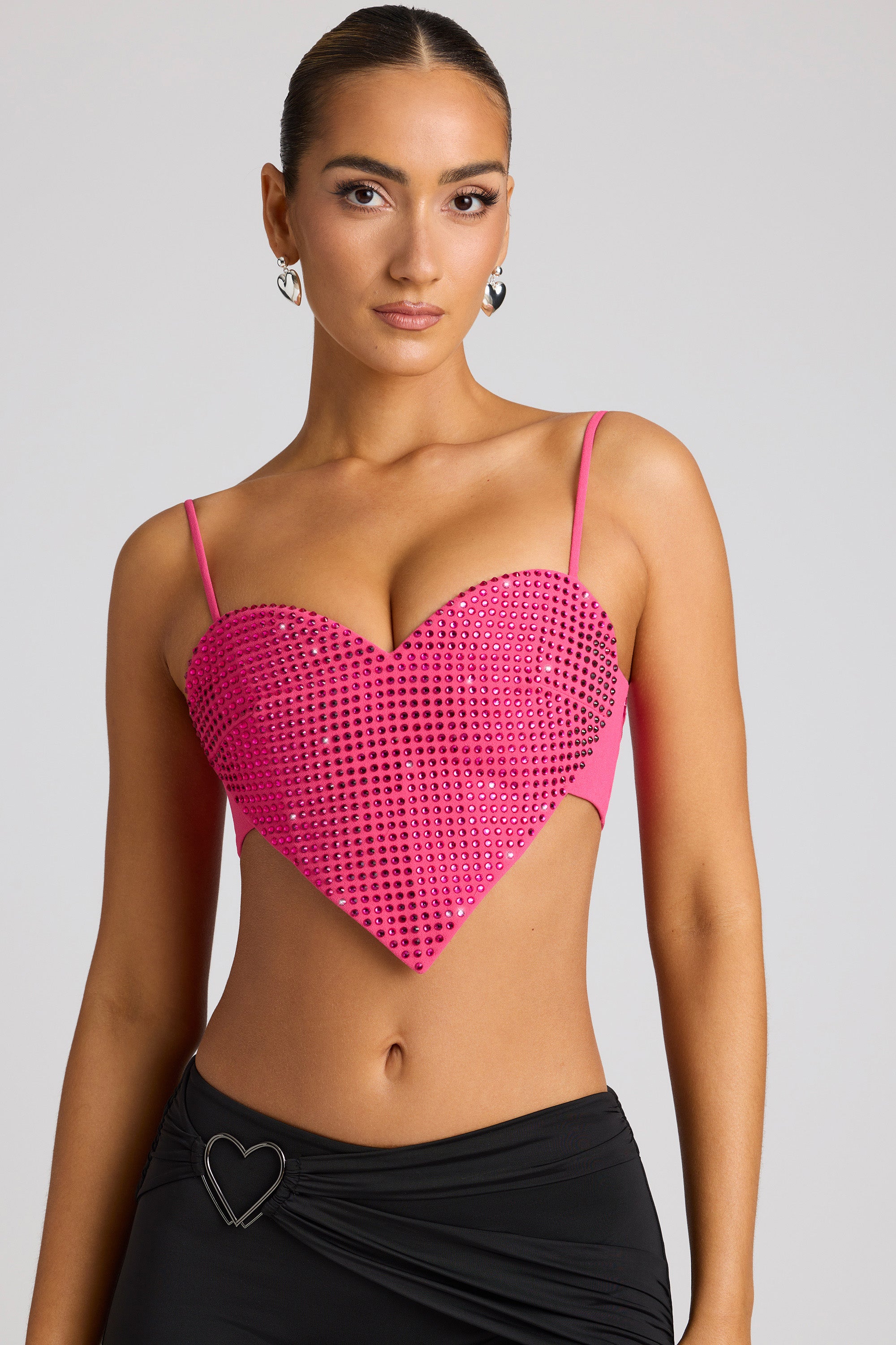 Embellished Heart Detail Crop Top in Magenta、mySite、solidvoid