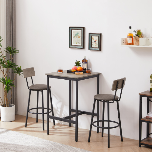 Bar Table Set with 2 Bar stools PU Soft seat with backrest, Grey, 23.62'' W x 23.62'' D x 35.43'' H、、casual