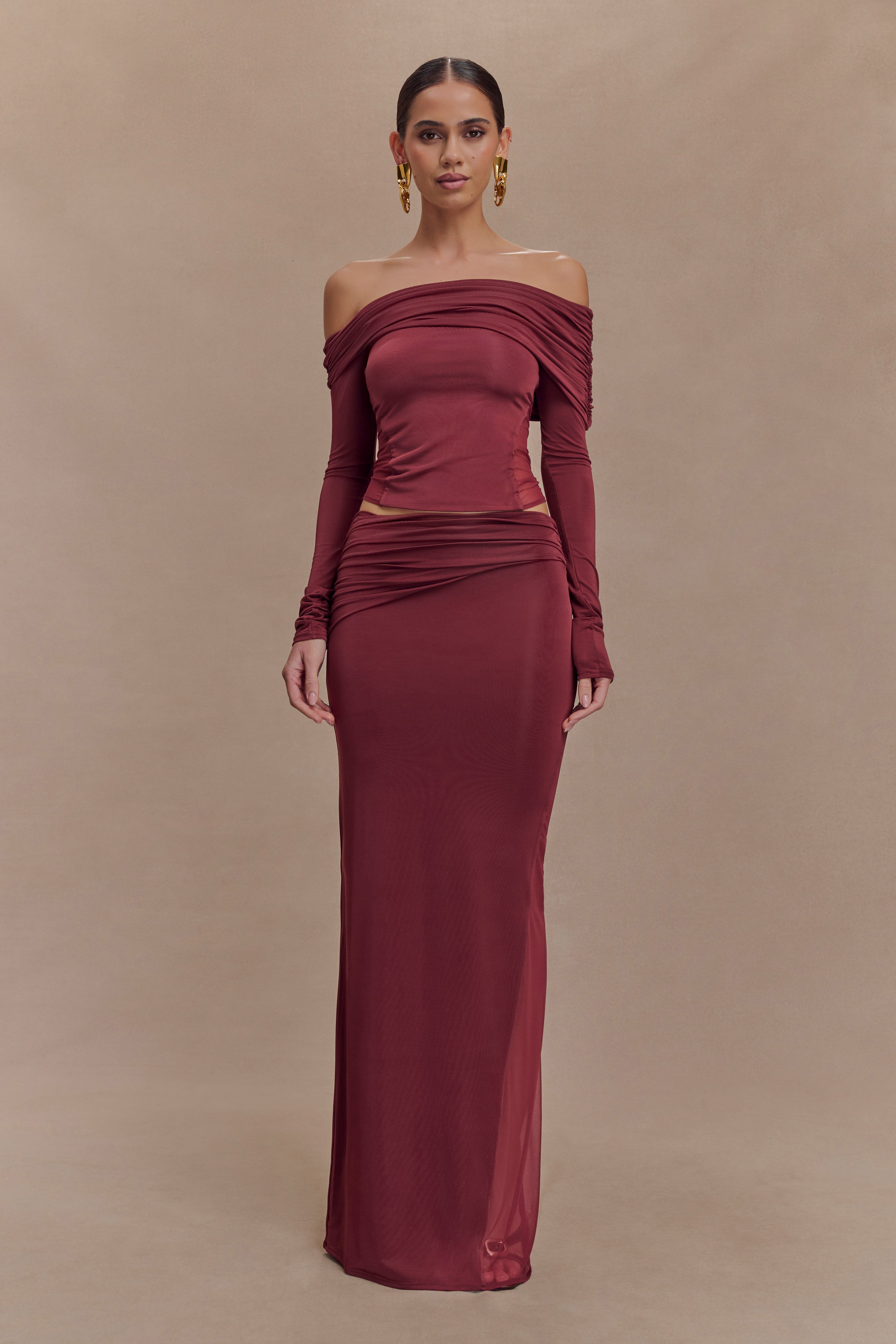 Judy Slinky And Mesh Maxi Skirt - Wine、mySite、solidvoid