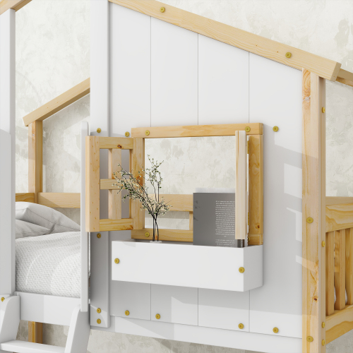 Twin over Twin House Bunk Bed with Roof , Window, Window Box, Door , with Safety Guardrails and Ladder,White、、casual